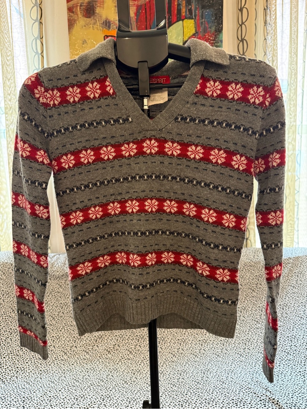 Esprit Gray and Red V‑Neck Fair Isle Knit Sweater